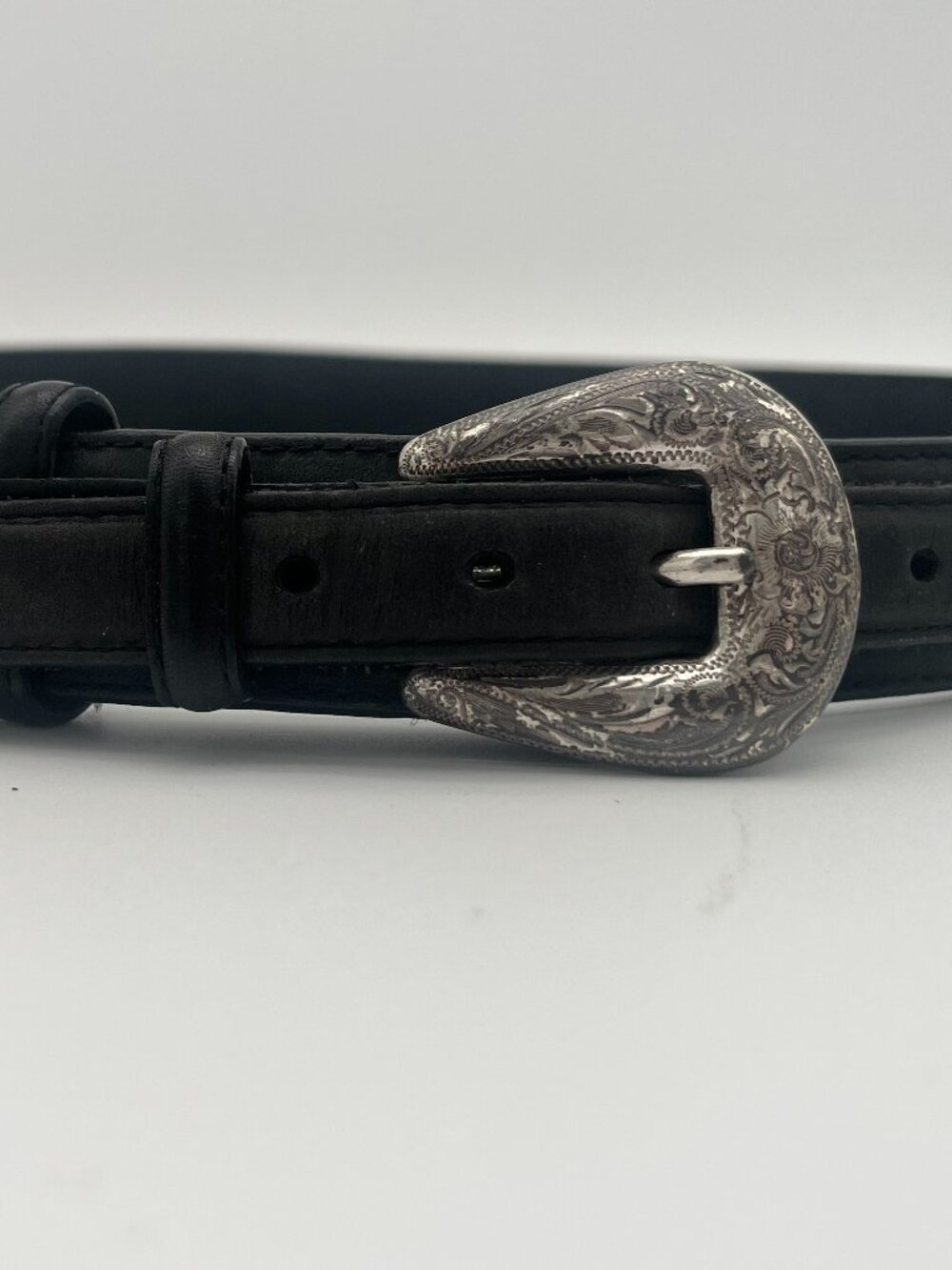 Vintage Western Leather Double Strap Black Belt w/ silver tone buckle Men's 36